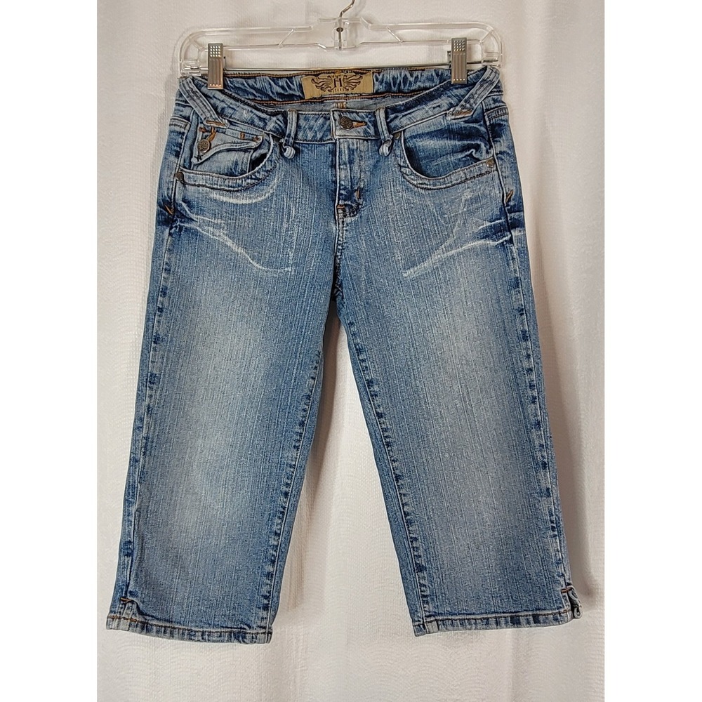 Hint Jeans Y2k Denim Knee Length Bermuda Shorts Distressed Low Rise Sz 5